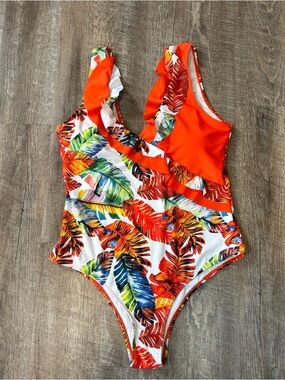 Women’s Swimwear Plus 1X One Piece V Neck Ruffle Tropical Leaves Padded Lined